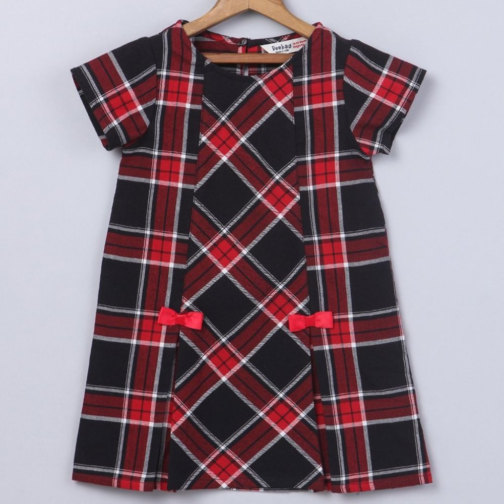 Beebay Red & Black Tartan Bow- Accent Shift Dress 5 years